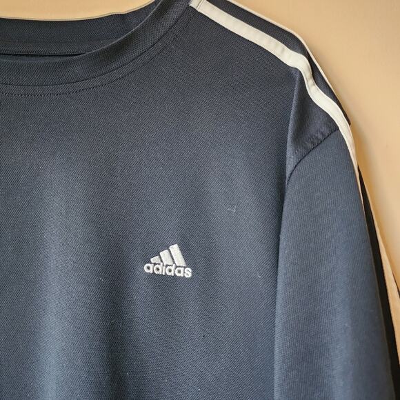 Adidas Shirt Mens Size XL Short Sleeve Embroidered Three Stripe Navy Blue Flaw - Picture 2 of 9